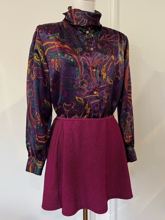 Jeremy Scott Dresses & Skirts - Vintage‎ 80s Set Purple Paisley Satin Blouse + Magenta Mini Skirt Dark Academia